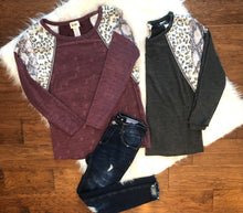 Load image into Gallery viewer, Distressed Knit Top With Print Block Shoulder
