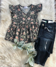 Load image into Gallery viewer, Charcoal Floral Print Peplum Top
